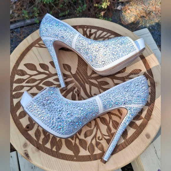 Lauren Lorraine Rhinestone Studded Stiletto Heel Peep Toe Sandals Size 8 - Picture 3 of 8